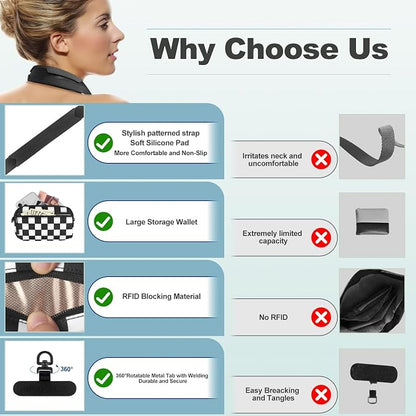 YFWE Clip and Go Strap for Phone with Wallet Crossbody, Adjustable Phone Lanyard with Detachable RFID Wristlet Wallet, Phone Strap with Phone Tabs for All Phones, Black Checkered (L)