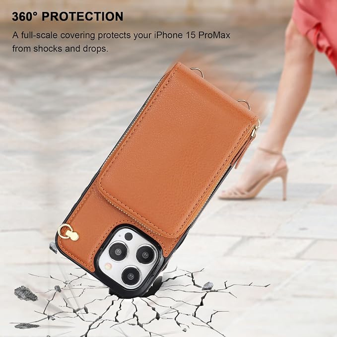 KIHUWEY Crossbody Wallet Case for iPhone 15 Pro Max, Zipper Pocket Case with Card Holder, PU Leather RFID Blocking Protective Cover with Kickstand and Detachable Wrist Strap Lanyard, 6.7" (Brown)