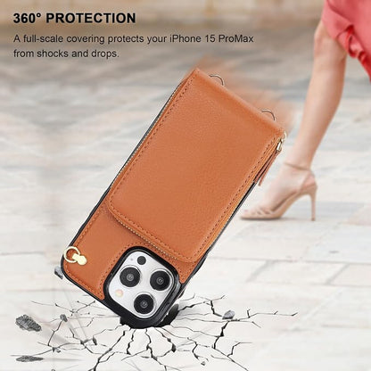 KIHUWEY Crossbody Wallet Case for iPhone 15 Pro Max, Zipper Pocket Case with Card Holder, PU Leather RFID Blocking Protective Cover with Kickstand and Detachable Wrist Strap Lanyard, 6.7" (Brown)