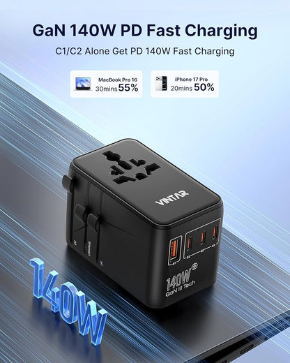 VINTAR 140W GaN Universal Travel Adapter, 6-in-1 International Power Adapter with 2AC, 3 USB-C PD & 1 USB-A QC, All-in-One Charger Compatible with EU/UK/US/AU for Laptops, Tablets, Phones, Cameras