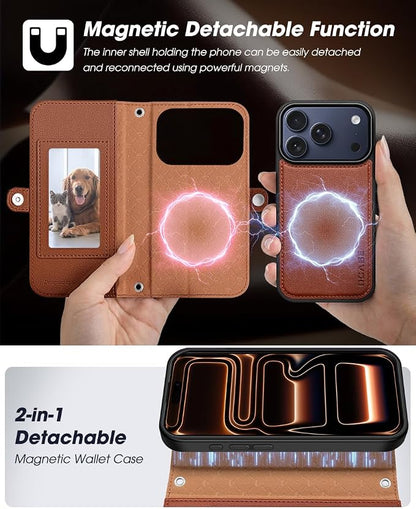 OCASE for iPhone 17 Pro Max Crossbody Detachable Wallet Case, PU Leather Handbag Phone Purse with Zipper Closure, Card Slots & RFID Blocking, Wrist Strap, Lanyard, Kickstand, Diamond Check Brown