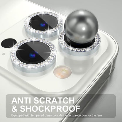 Choiche Compatible for iPhone 14 Pro/iPhone 14 Pro Max Camera Lens Protector Bling, 9H Tempered Glass Camera Cover Screen Protector Metal Ring Decoration Accessories (Diamond-Silver)