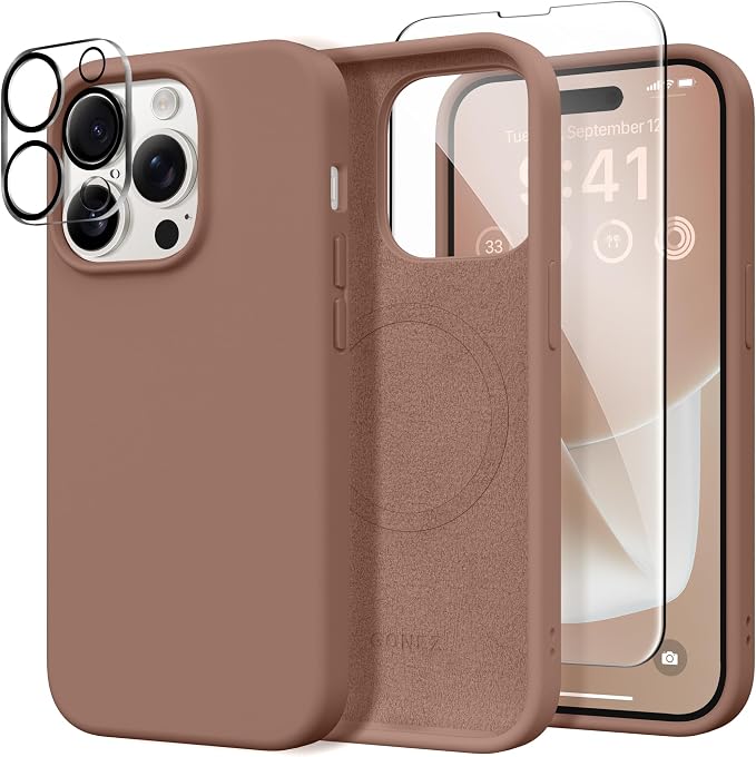 GONEZ for iPhone 14 Pro Case, Compatible with Magsafe, with Screen Protector + Camera Lens Protector, Soft Anti-Scratch Microfiber Lining, Shockproof Liquid Silicone Phone Cover, Brown