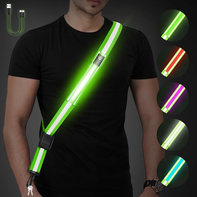 Fitense LED Reflective Belt Sash - 5 Lights Colors & 3 Light Modes High Visibility Night Safety Belt, Rechargeable Light Up Running Gear Adjustable Vest Straps for Runners Walkers Men Women