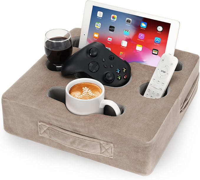 STBoo Couch Cup Holder Pillow Tray - Sofa Drink Cup Holder Cozy Buddy | Bed Caddy Organizer for Remote, Snacks Beverage, Phones, Tablet | Use it on Car, Pack, Beach, RV, Boat, Bedroom (Light Brown)
