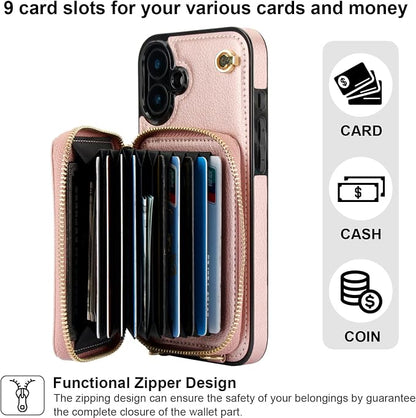 Bocasal Crossbody Wallet Case for iPhone 16 Plus, RFID Blocking Leather Purse Case with Card Holder, Protective Handbag Flip Cover with Zipper Wrist Strap Lanyard for Women 5G 6.7 Inch (Rose Gold)