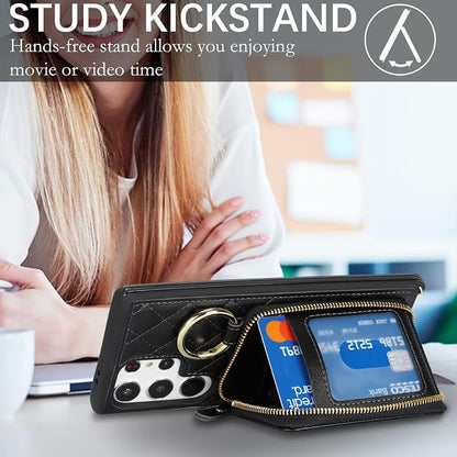 Crossbody Wallet Case for Galaxy S23 Ultra, PU Leather Zipper Handbag Purse Flip Cover, Kickstand Folio Case with Card Slots Holder Wrist Strap Lanyard -Black