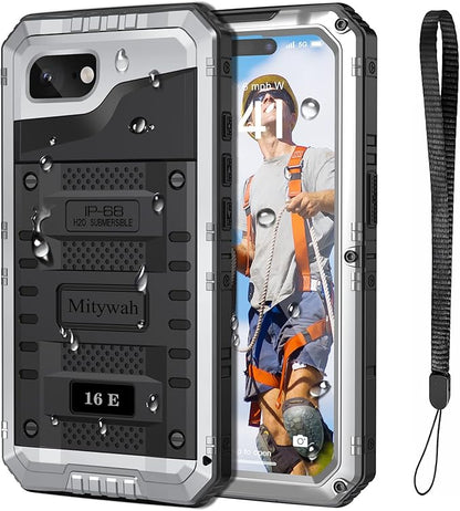 Mitywah Waterproof Case for iPhone 16e and for iPhone 17e, Shockproof Heavy Duty Case with Built-in Screen Protector, Underwater Full Body Protective Metal Case 6.1 inch, Silver