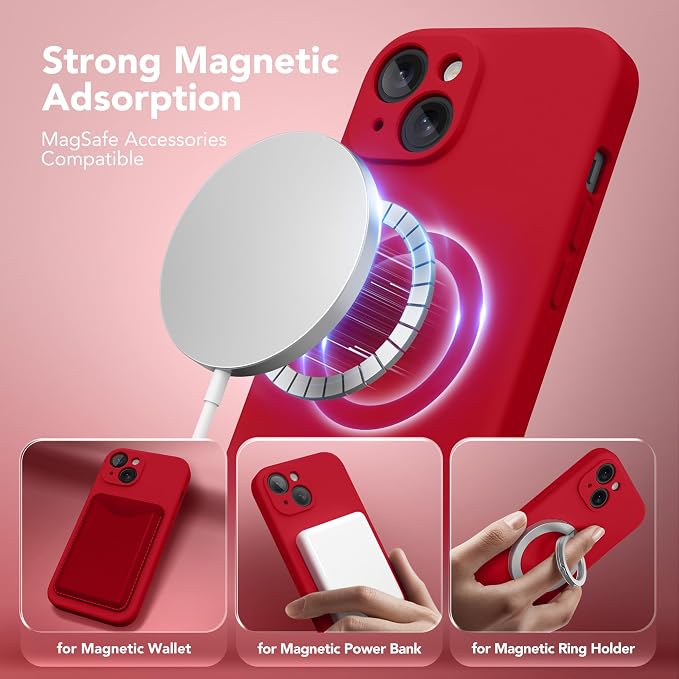 Magnetic for iPhone 13 Case, Compatible with MagSafe, [Full Camera Protection][Screen Protector] Silicone Shockproof Protective Phone Case for iPhone 13 6.1", Red