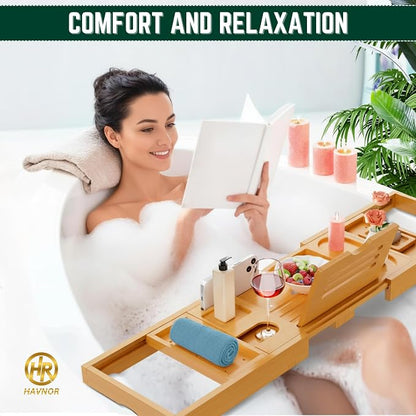 Bamboo Bathtub Caddy Tray Expandable & Foldable Bath Shelf with Book, Tablet & Wine Holder Adjustable Wooden Bath Tray for Relaxing Spa at Home – Fits Most Tub Sizes.