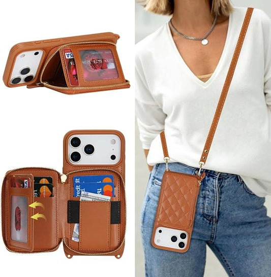 Crossbody Wallet Case for iPhone 17 Pro Max, PU Leather Zipper Handbag Purse Flip Cover, Kickstand Folio Case with Card Slots Holder Wrist Strap Lanyard 5G 6.9 Inch-Brown