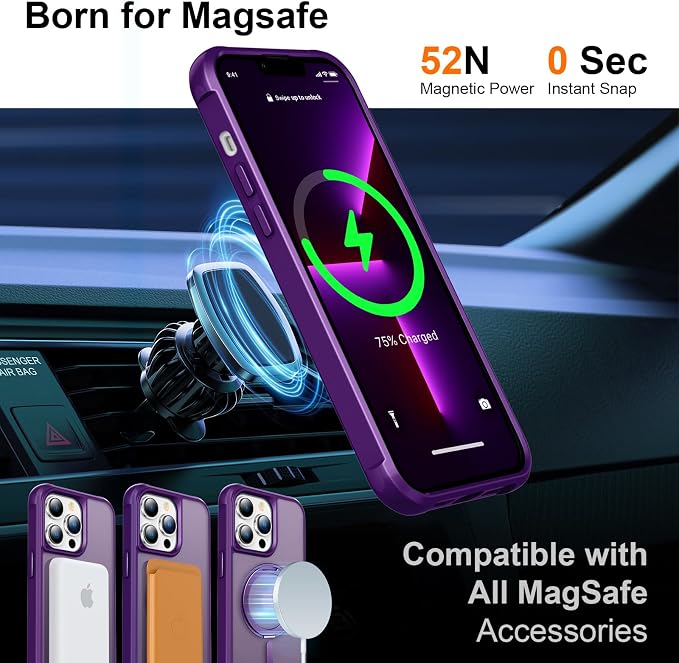 360° Magnetic Swivel Ring for iPhone 13 pro case, Built-in Metal Stand and Ring Holder, Magsafe Compatible, Military Grade Protection, Shockproof - Purple