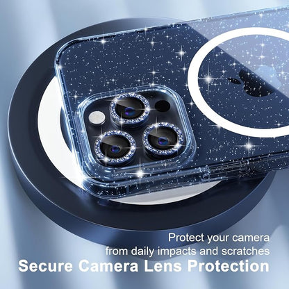 Choiche for iPhone 15 Pro Max Case Magnetic, Women Clear Glitter Bling Sparkly Case, [3xDiamond Camera Lens Protectors] [2xTempered Glass Screen Protectors] [Compatible MagSafe] (Glitter Blue)