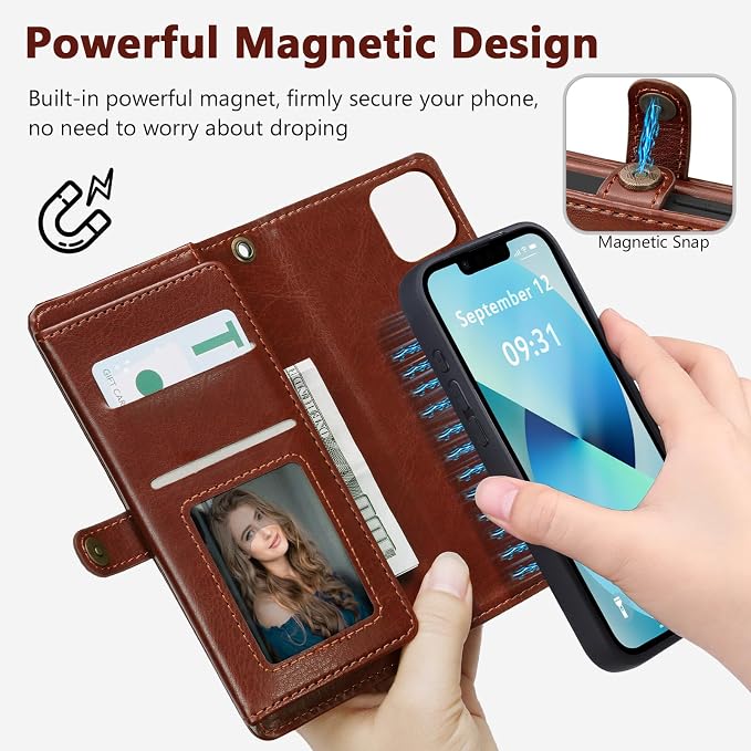 Wallet Case for iPhone 13 with Card Holder/Crossbody Wallet/Strap| RFID Blocking | Magnetic | Kickstand | Detachable | PU Leather Phone Case for iPhone 13,6.1 in,Brown