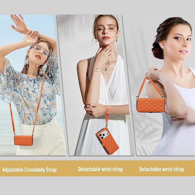 Rssviss Crossbody Case for iPhone 17 Pro Case Wallet, RFID Blocking Leather with Card Holder Kickstand, Handbag Zipper Flip Cover with Wrist Strap for iPhone 17 Pro Men Women 6.3", Orange