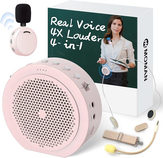 Moman Wireless Voice Amplifier with Lavalier Mic, 20H Battery 164ft Range Sensitive Pickup Noise Reduction PA System Bluetooth Portable Magnetic Charging Dock, Amplifier for Teacher Yoga Tour, Pink