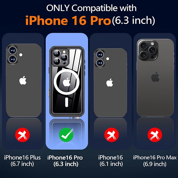 xiwxi for iPhone 16 Pro Case Waterproof,[IP68 Underwater][Built-in Screen Protector ][Compatible with MagSafe][15FT Military Dropproof][Dustproof] Full Body Shockproof Protective Phone Case 6.3" Black