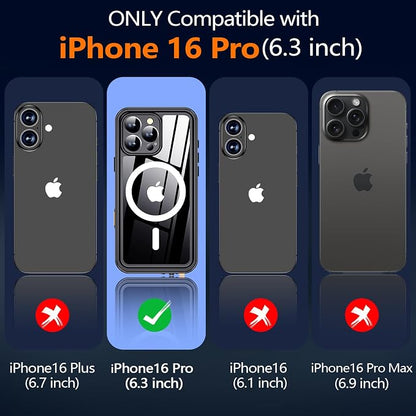 xiwxi for iPhone 16 Pro Case Waterproof,[IP68 Underwater][Built-in Screen Protector ][Compatible with MagSafe][15FT Military Dropproof][Dustproof] Full Body Shockproof Protective Phone Case 6.3" Black