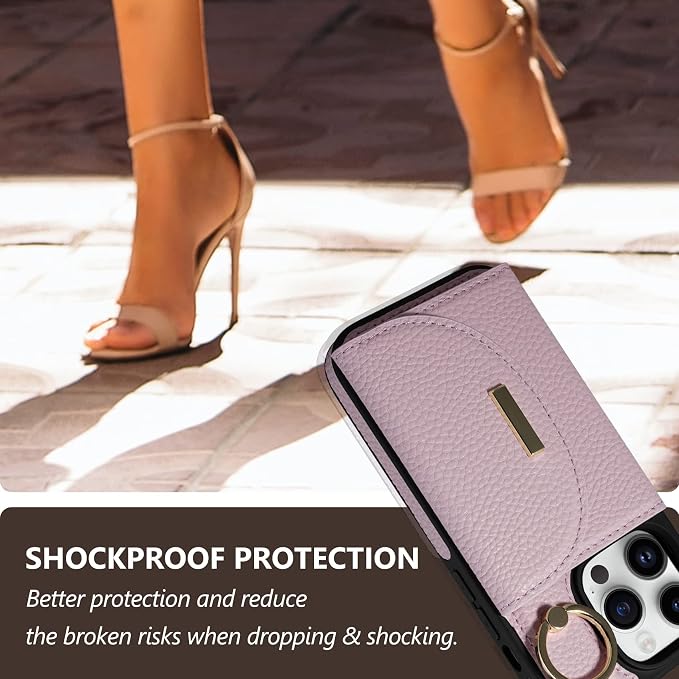 Keallce Wallet Case for iPhone 16 Pro 6.3'', Flip Case with Card Slots, Ring Holder Kickstand, PU Leather Protective Folio Cover for Women, Pink