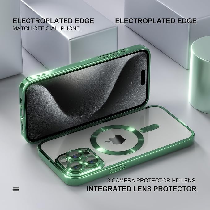 Misea Magnetic for iPhone 15 Pro Case Compatible with MagSafe [Never Yellowing] [Military Grade Drop Protection] Full Camera Lens Protector Plating Soft Clear Phone Case for Women Girls, Green