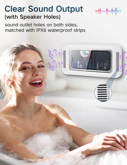 Kairiyard Shower Phone Holder Waterproof, Speaker Holes 360° Rotatable Retractable Anti-Fog High Sensitivity Clear Sound Wall Mounted Phone Case for Bathroom Mirror Bathtub Kitchen, Up to 7 Inch
