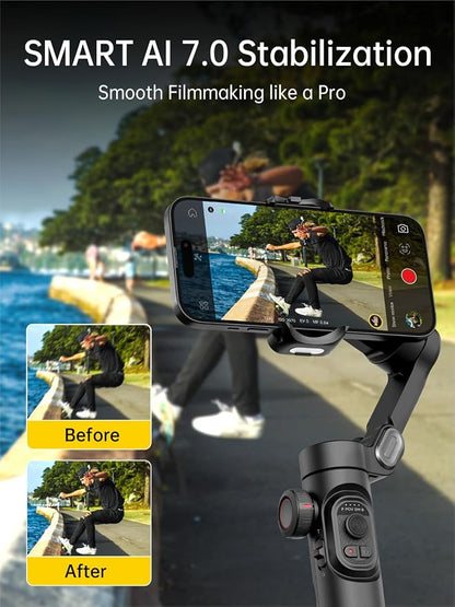 Phone Gimbal Stabilizer 3-Axis Smartphone Foldable Gimbal for iPhone Gimble with Focus Wheel-AOCHUAN Smart XE&AOCHUAN 1.7M Complete Camera Tripod& E10 Aluminum Extension Rod