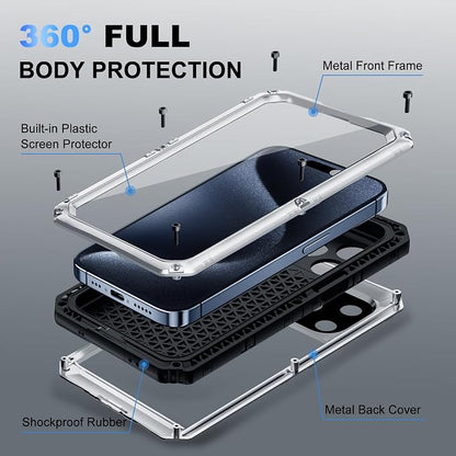 Beasyjoy for iPhone 15 Pro Max Case Waterproof, Metal Heavy Duty Full Body Protective Case with Built-in Screen Protector, Military Grade Shockproof Defender Case for iPhone 15 Pro Max 6.7", Silver
