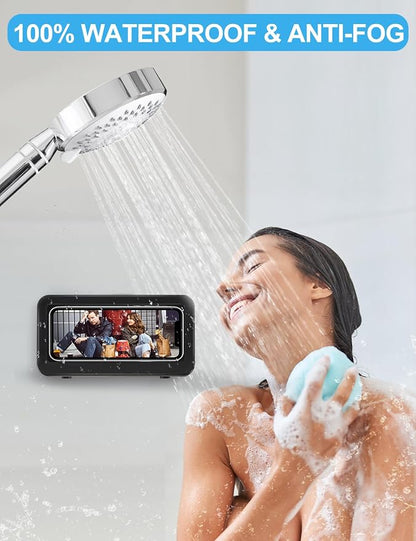 KUNSLUCK Shower Phone Holder Waterproof Anti-Fog Touch Screen Wall Mount Phone Holder for Shower Bathroom Mirror Bathtub (Black)