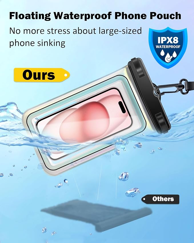 Waterproof Phone Pouch Floating, IPX8 Waterproof Phone Case for iPhone 16 15 14 13 ProMax Galaxy S25 S24 S23, Up to 7.0 Inch, with Adjustable Lanyard, Travel Beach Cruise Kayak Essentials