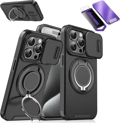 2026 New Case with Slide Camera Cover & 360° Rotatable Ring Kickstand, Free Tempered Glass Screen Protector for iPhone 11-17 Series (16 Pro Max,Black)