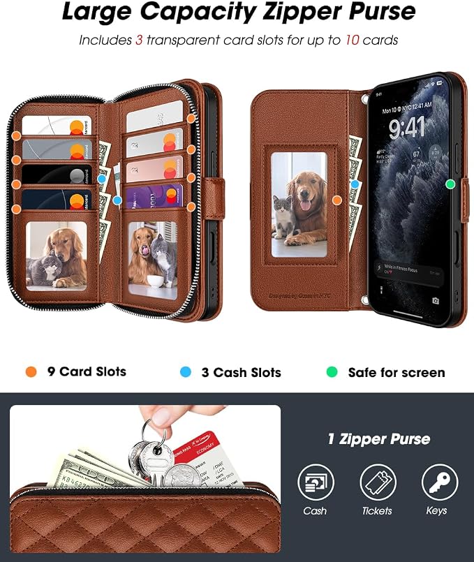 OCASE for iPhone 17 Pro Max Crossbody Wallet Case - Stylish PU Leather Handbag Phone Purse with Zipper Closure, Card Slots & RFID Blocking - Wrist Strap, Lanyard, Kickstand - Diamond Check Brown