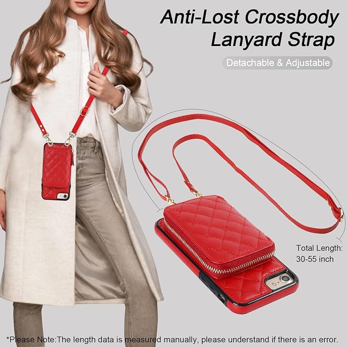Bocasal Crossbody Wallet Case for iPhone SE 2022/SE 2020/8/7, RFID Blocking PU Leather Zipper Handbag Purse Flip Cover, Kickstand Folio Case with Card Slots Holder Wrist Strap Lanyard 4.7 Inch (Red)
