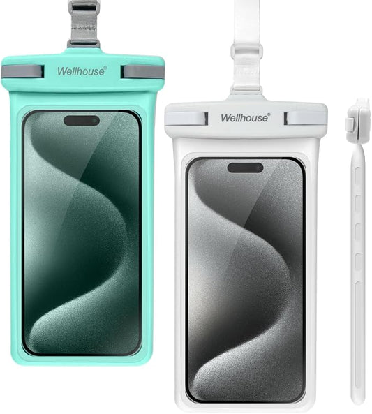 wellhouse Waterproof Phone Pouch, Waterproof Phone Case for iPhone17 16 15 14 13 Pro Max XS Samsung, IPX8 3D Cellphone Dry Bag Beach Essentials (2 Pack - Green & White7.0, 7 inch)