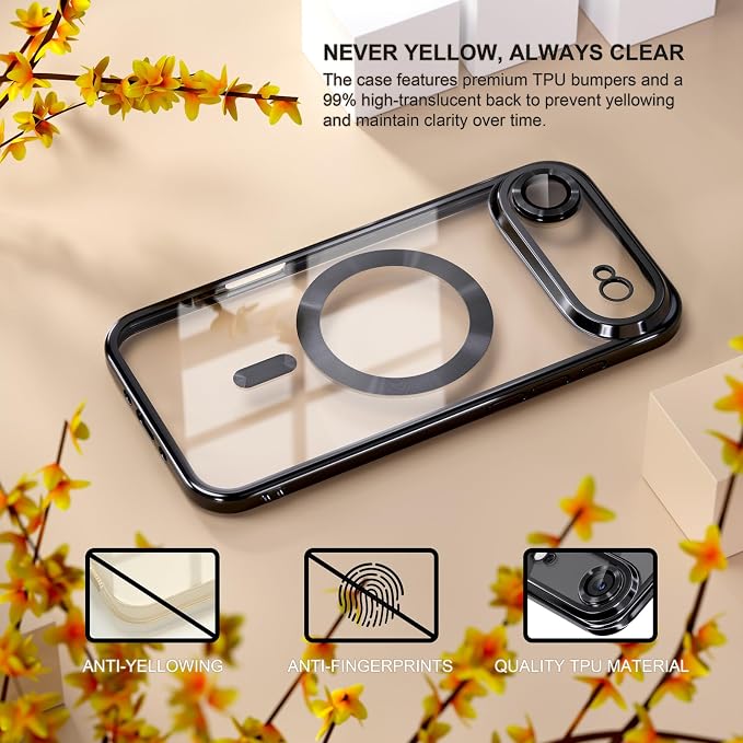 Misea Magnetic for iPhone 17 Air Case Compatible with MagSafe [Never Yellowing] [Military Grade Drop Protection] Full Camera Lens Protector Plating Soft Clear Phone Case for Women, Black