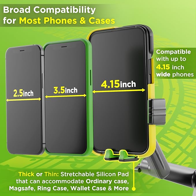 Cell Phone Mount for Truck Phone Holder for Truck Drivers - Heavy Duty Suction Cup + Dashboard Pad, iPhone Holder for Dashboard Window 16.9 inch Long, for iPhone & Samsung, Commercial Trucker, Green
