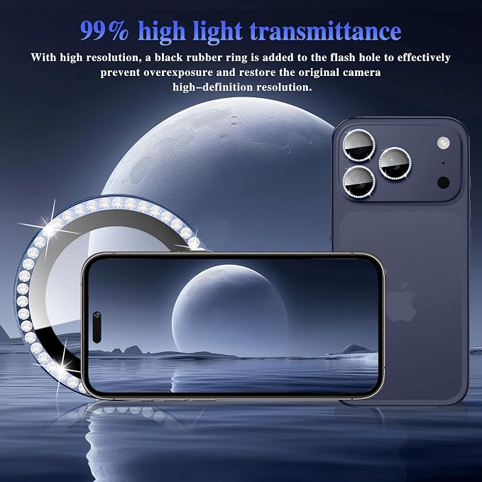 ShinKin Camera Lens Protector for iPhone 17 Pro/iPhone 17 Pro Max, Glitter Camera Cover, 9H Tempered Glass Individual Metal Ring Camera Protector for iPhone 17 Pro/17 Pro Max (Diamond - Blue)
