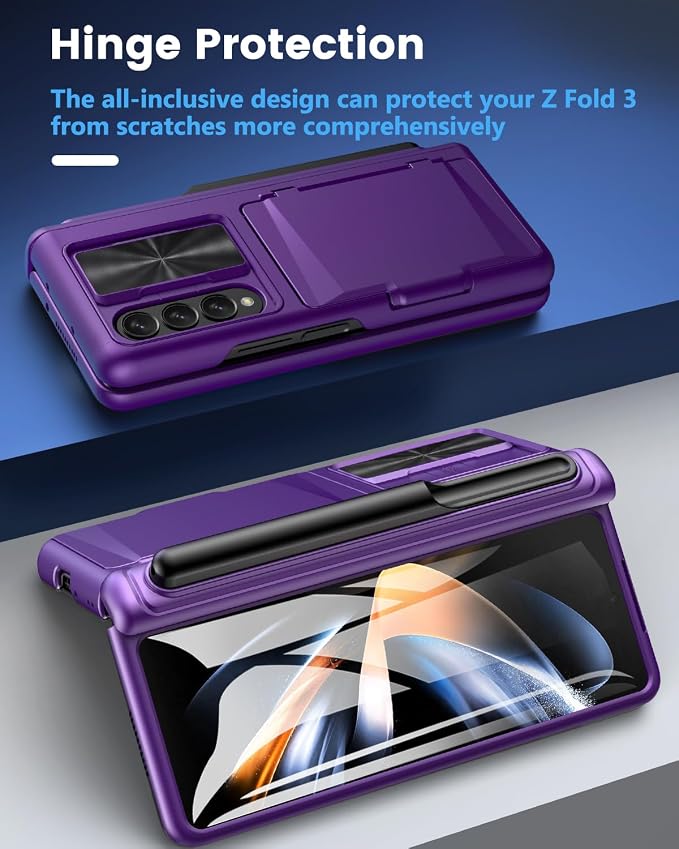 Viaotaily for Galaxy Z Fold 4 Case with Card Holder & S Pen Holder & Slide Lens Cover, Built-in Hinge Protection & Screen Protector, Durable Sturdy Phone Cover for Galaxy Z Fold 4, Dark Purple
