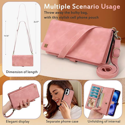 for Wallet Case Compatible with iPhone 16,Multi-Function Detachable 2 in 1 Magnetic iPhone 16 Case Wallet,Flip Strap Zipper Card Holder Phone Case with Shoulder Straps (Pink)
