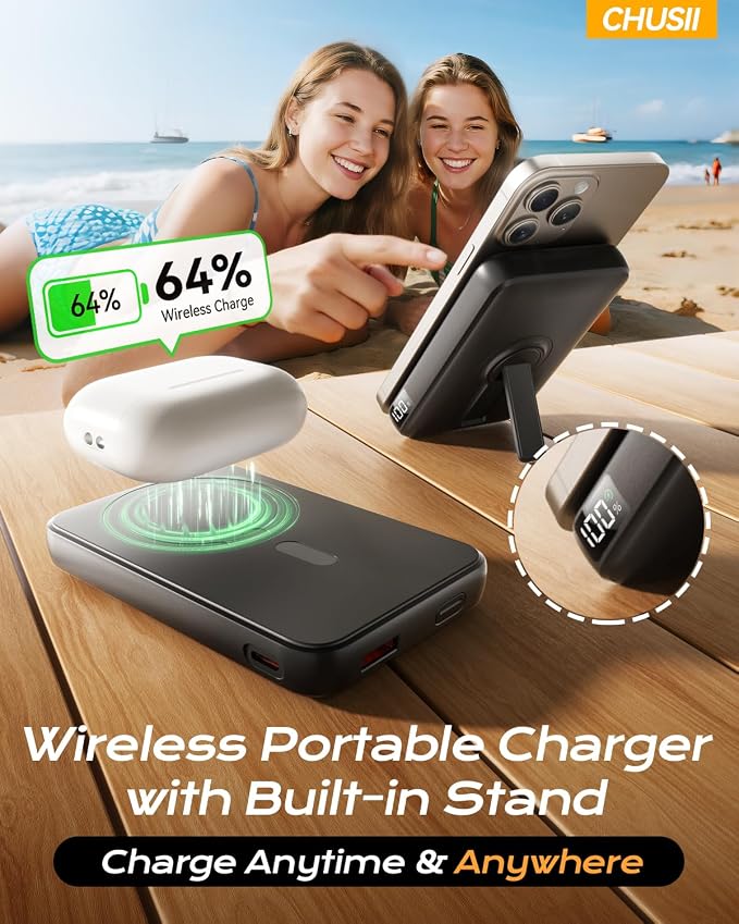 for Magsafe Portable Charger, 12000mAh Wireless Magnetic Power Bank with Stand& PD 20W Fast Charging, for Magsafe Battery Pack Compatible with iPhone 17/16/15/14/13 Series,Powerbank for Travel Cruise