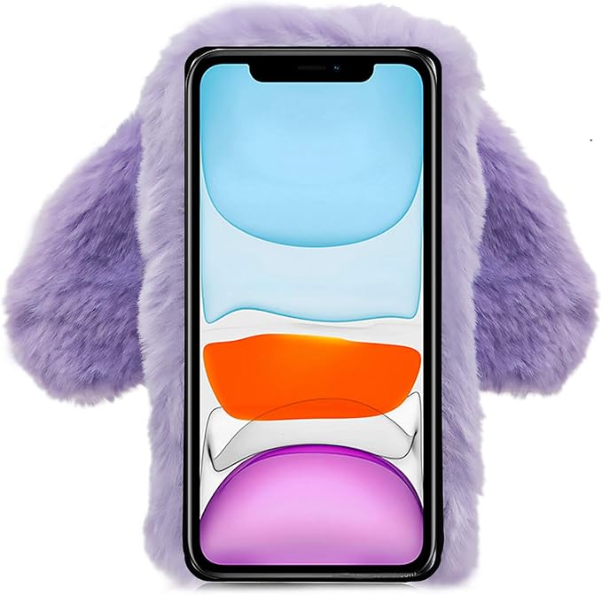 Rabbit Ear Case for iPhone 14 Pro Max 6.7, Crossbody Strap Case Fuzzy Fluffy Cute Women Girls Kids Plush Ball Bunny Fur Phone Case Shockproof Silicone Bumper Protective Cover,Purple