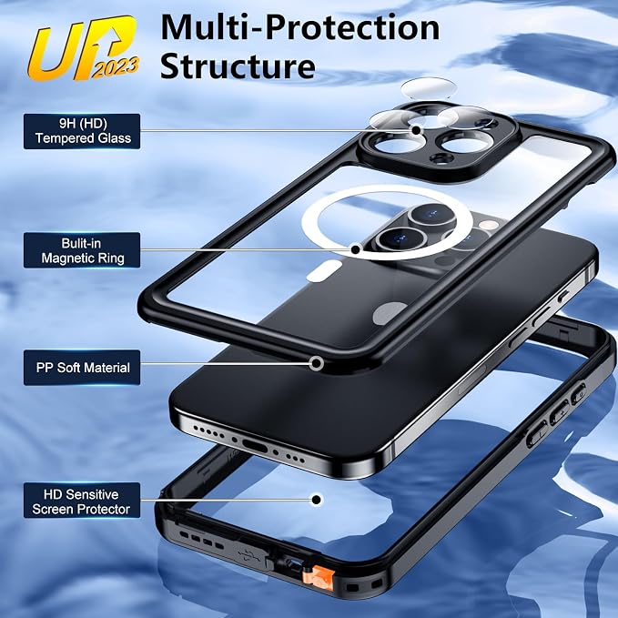 Temdan for iPhone 15 Pro MaxCaseWaterproof,Built-in Screen Protector [IP68 Underwater][15FT Military Dropproof][Dustproof][For MagSafe] 360 Full-BodyPhone Case-Black (CXFM-B 15ProMaxBlack-02)