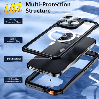 Temdan for iPhone 15 Pro MaxCaseWaterproof,Built-in Screen Protector [IP68 Underwater][15FT Military Dropproof][Dustproof][For MagSafe] 360 Full-BodyPhone Case-Black (CXFM-B 15ProMaxBlack-02)
