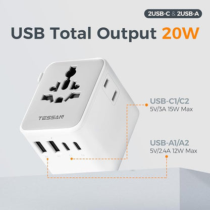 TESSAN Universal Travel Adapter, Power Adapter Worldwide | Extra 2 Prong AC Outlet, 4 USB Ports (2 USB C), US to Europe Italy UK Australia Ireland, Type C G A I