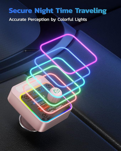 Nulaxy 54W Bluetooth 5.3 Car Adapter with 4 Charging Ports [PD 36W & QC3.0 18W], Wireless Radio FM Transmitter with Deep Bass Player & 5 Colors LED Backlit, Hands-Free Calling - Pink