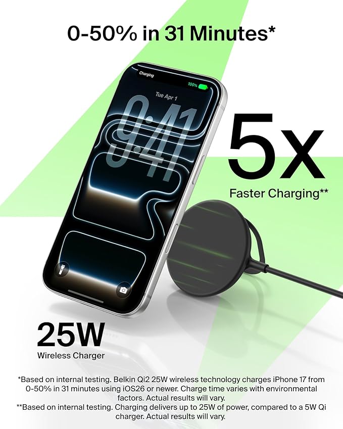 Belkin MagSafe Charger, Magnetic iPhone Charger w/ Qi2 25W, Fast Wireless Charging Pad w/Kickstand for iPhone 17 Series, Samsung Galaxy, Pixel 10, AirPods Pro, Travel - No Power Adapter, Black