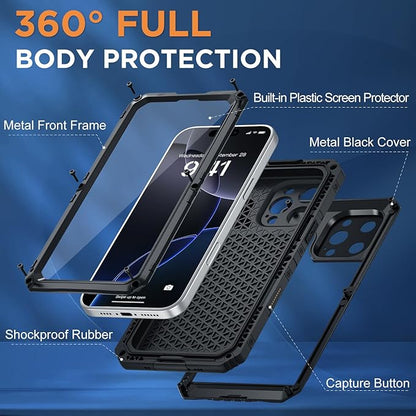 Beasyjoy for iPhone 16 Pro Case Waterproof, Metal Heavy Duty Full Body Protective Case with Built-in Screen Protector, Military Grade Shockproof Dustproof Defender Cover for iPhone 16 Pro 6.3", Black
