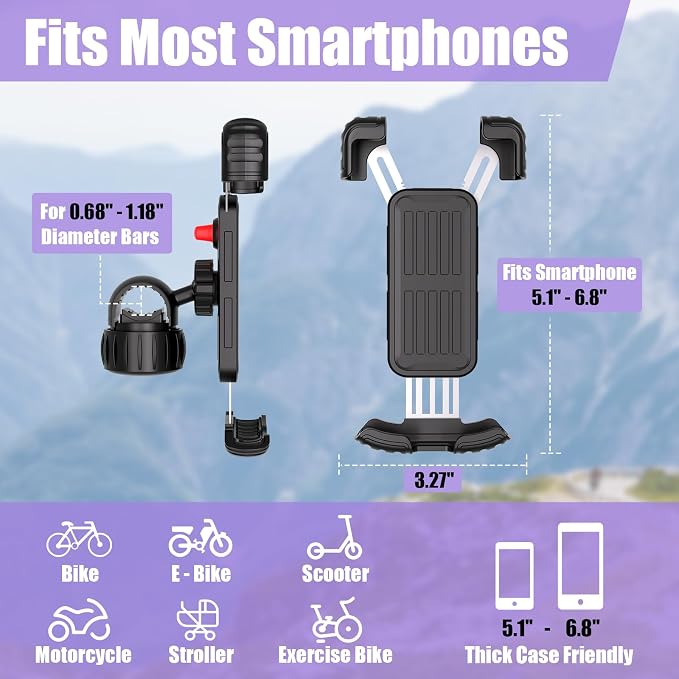TXV Bike Phone Holder, Motorcycle Phone Mount, 1s Lock | Silicone Protective | Anti-Shock | for iPhone | Samsung | Pixel | 5.1-6.8" Cellphone