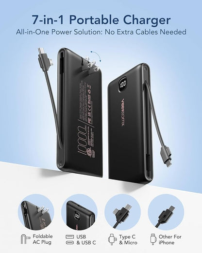 VEEKTOMX Portable Charger with Built in Cables 10000mAh, Power Bank for iPhone with AC Wall Plug, Fast Charging USB C Slim Battery Pack with LED Display Compatible with iPhone 17/16/15, Samsung
