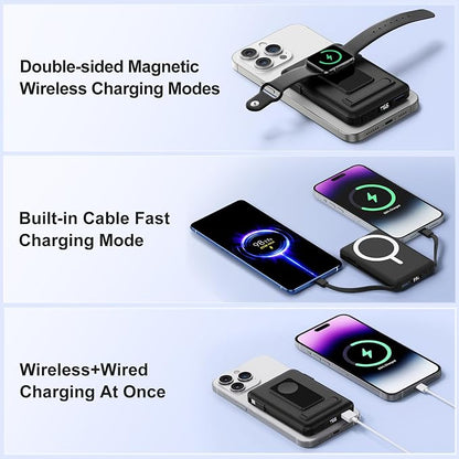 Magnetic Portable Charger, 10000mAh Wireless Power Bank for iPhone with Built-in Cables, 20W Fast Charging for Magsafe Battery Pack with Stand for iPhone Air/17/16/15/14/13/12 and Apple Watch