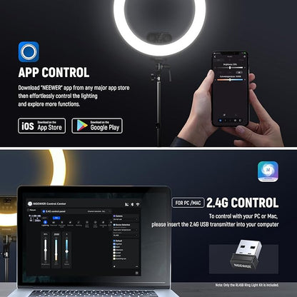NEEWER 18 Inch Edge Lit Ring Light with Tripod Stand Phone Holder Compatible with iPhone for Video Recording Selfie Makeup Studio Streaming, 45W 2900-7000K APP 2.4G Control Ringlight Lighting, RL45B
